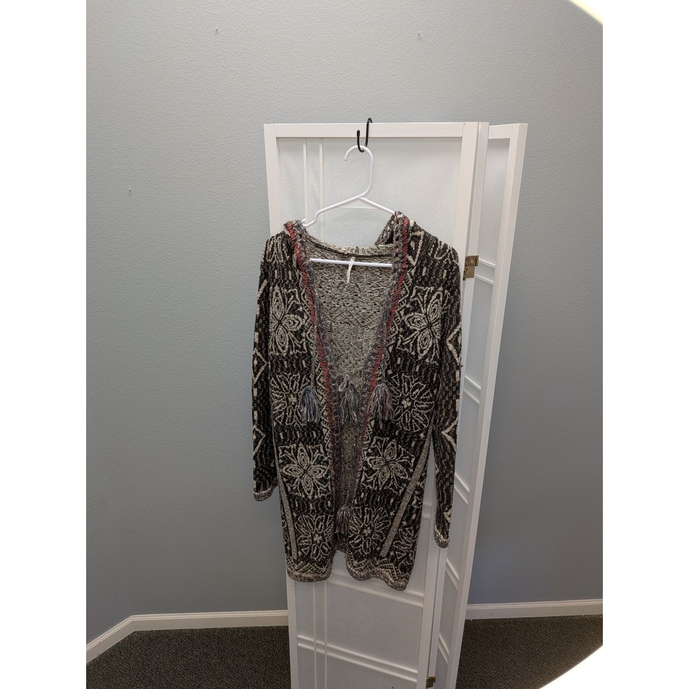 Free People Hooded Cardigan Sweater Black Cream Intarsia Knit Tassel Boho Small